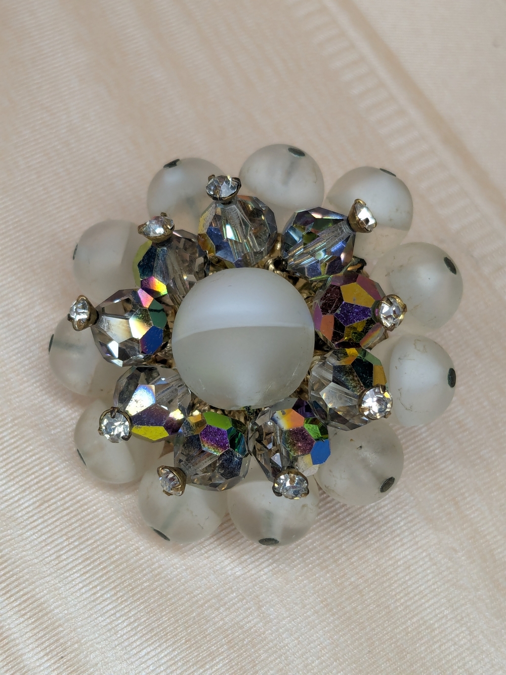 Vintage 60s Round Crystal Brooch Frosted Glass Beads Elegant Aurora Borealis MCM